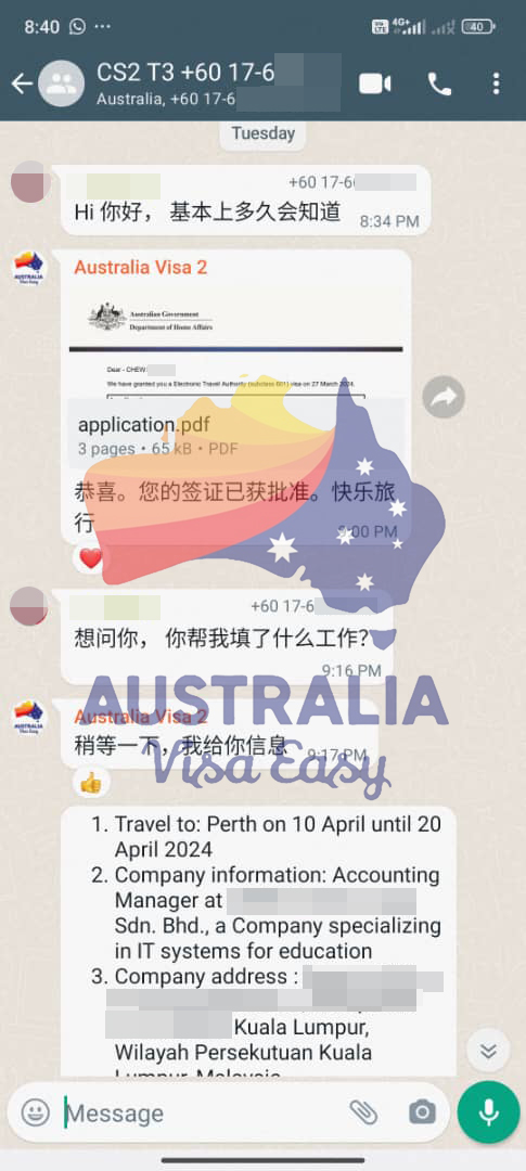 AUSVJ client testimonial screenshot — Australian Visa · 08 Apr 2024