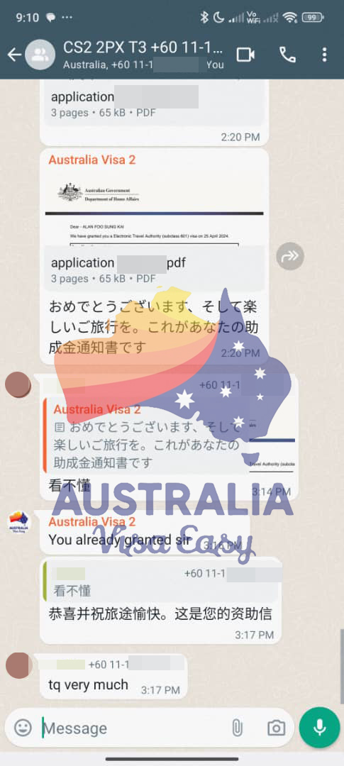 AUSVJ client testimonial screenshot — Australian Visa · 27 Apr 2024