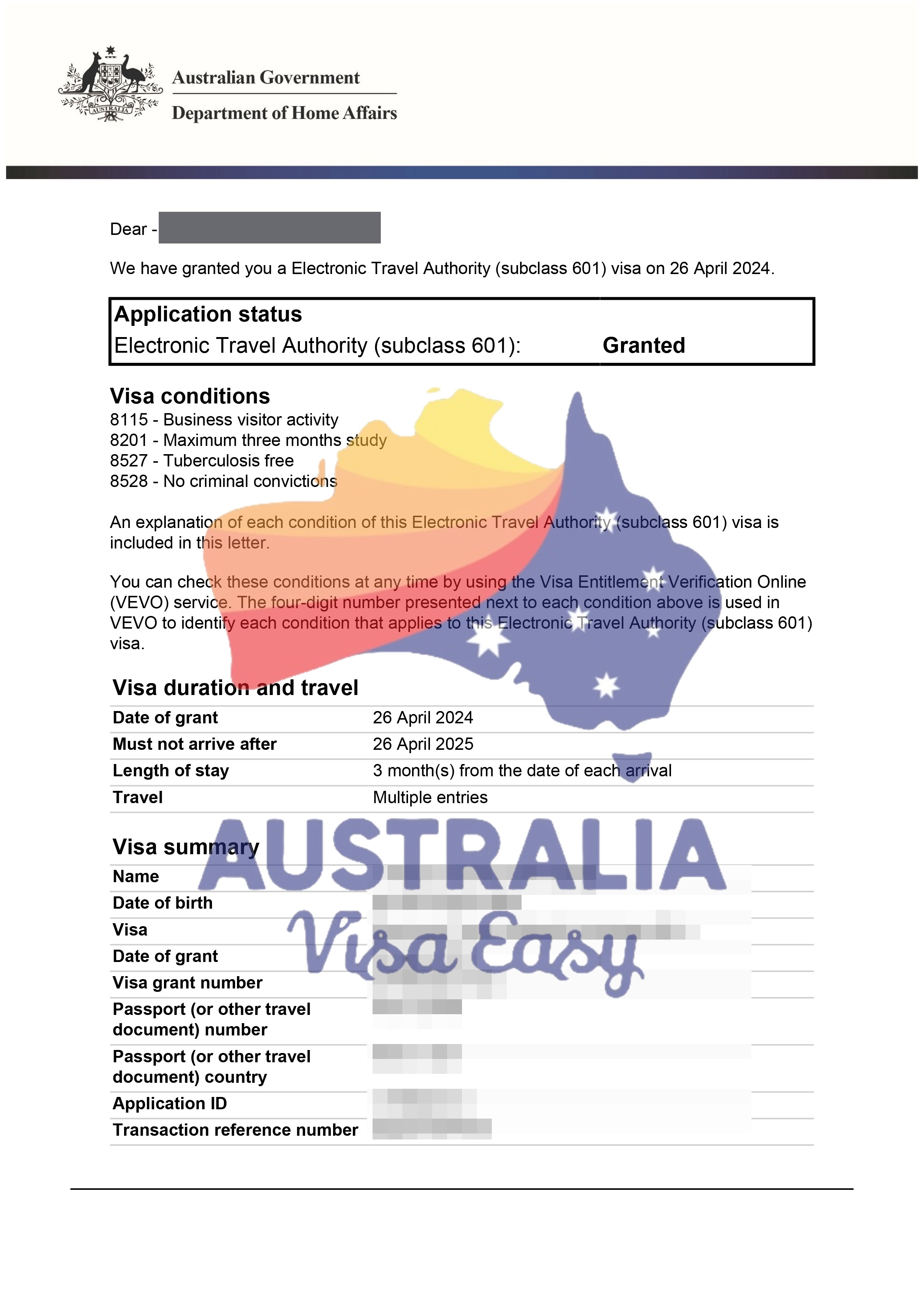 AUSVJ client testimonial screenshot — Australian Visa · 27 Apr 2024