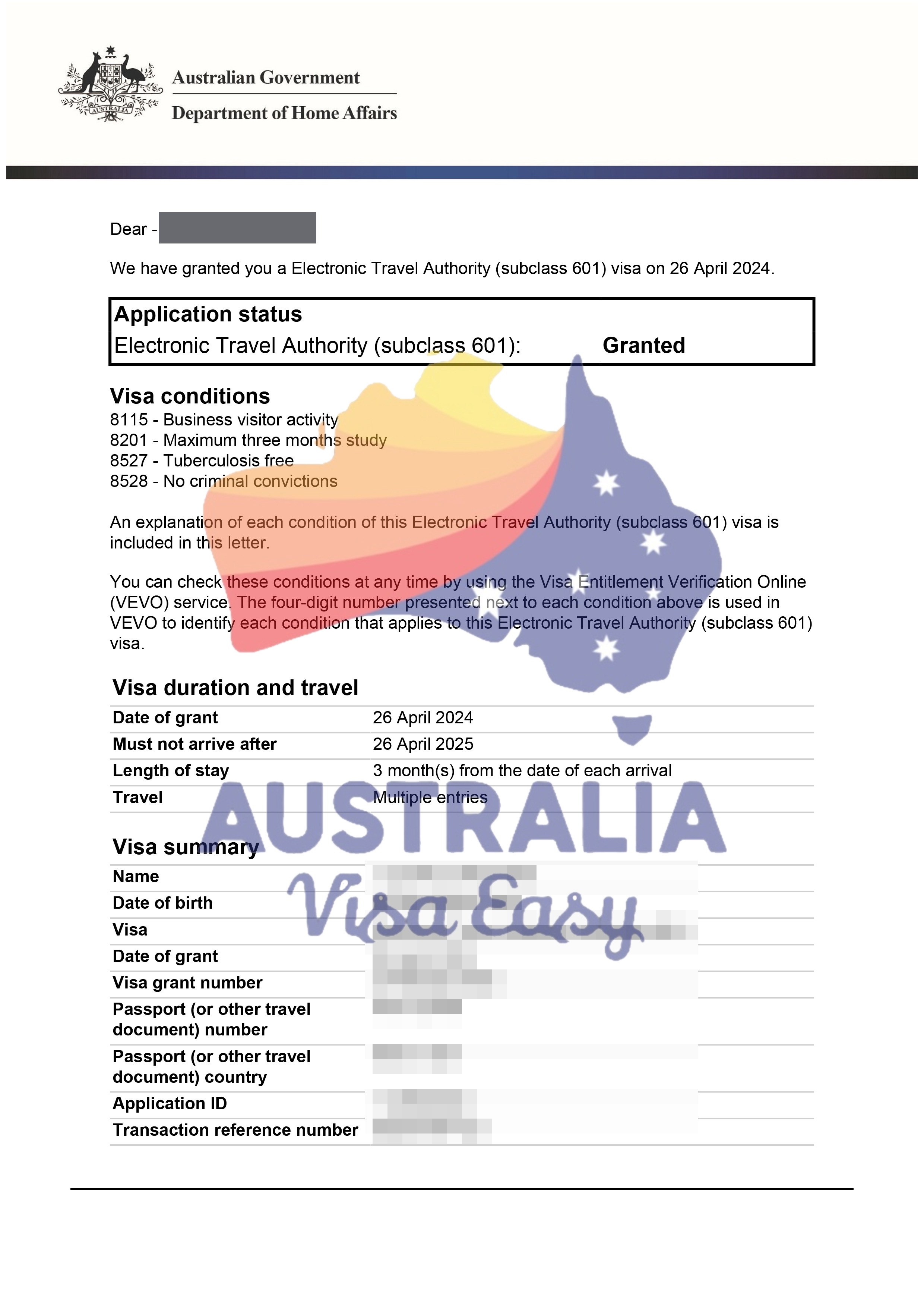 AUSVJ client testimonial screenshot — Australian Visa · 27 Apr 2024