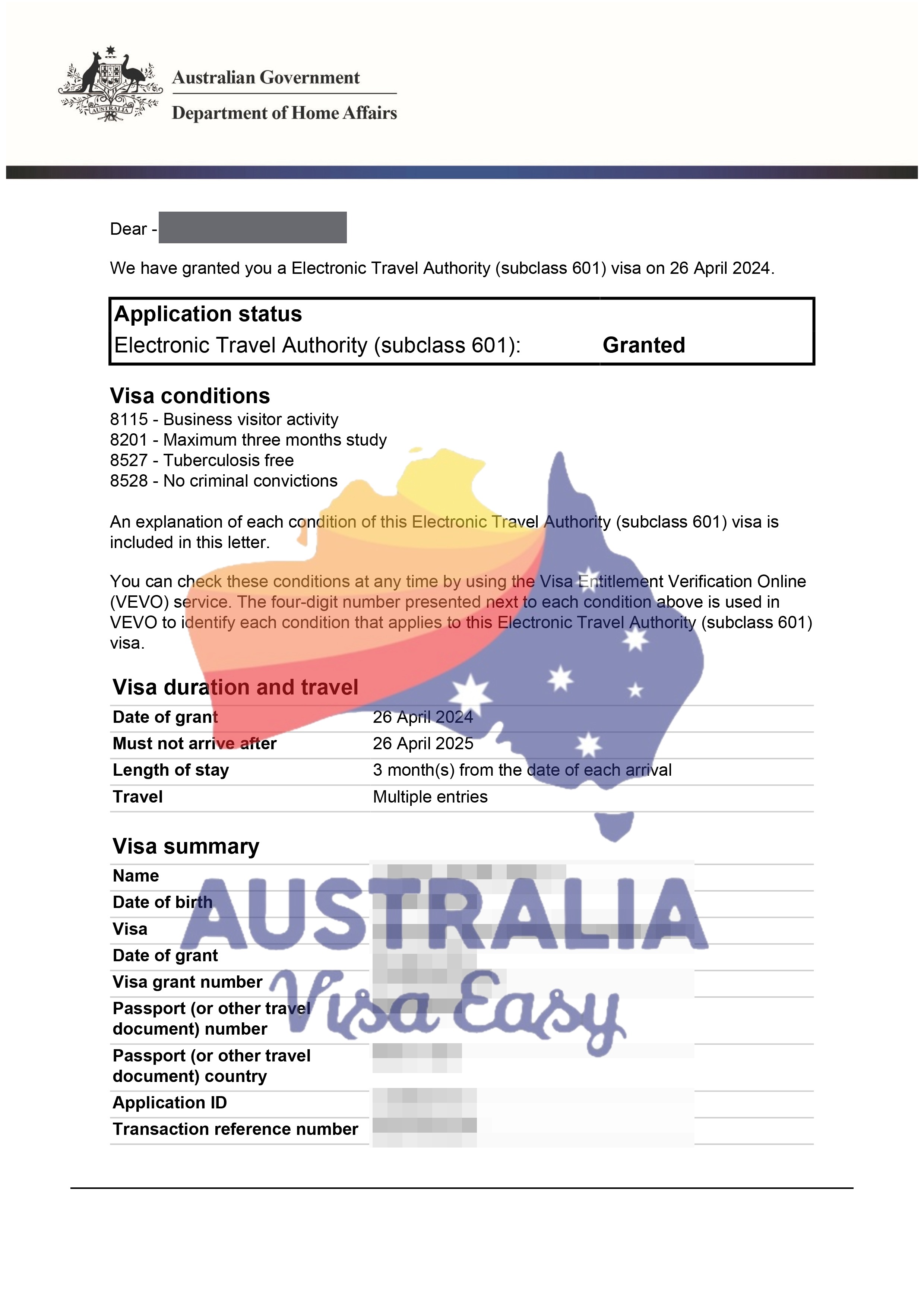 AUSVJ client testimonial screenshot — Australian Visa · 27 Apr 2024