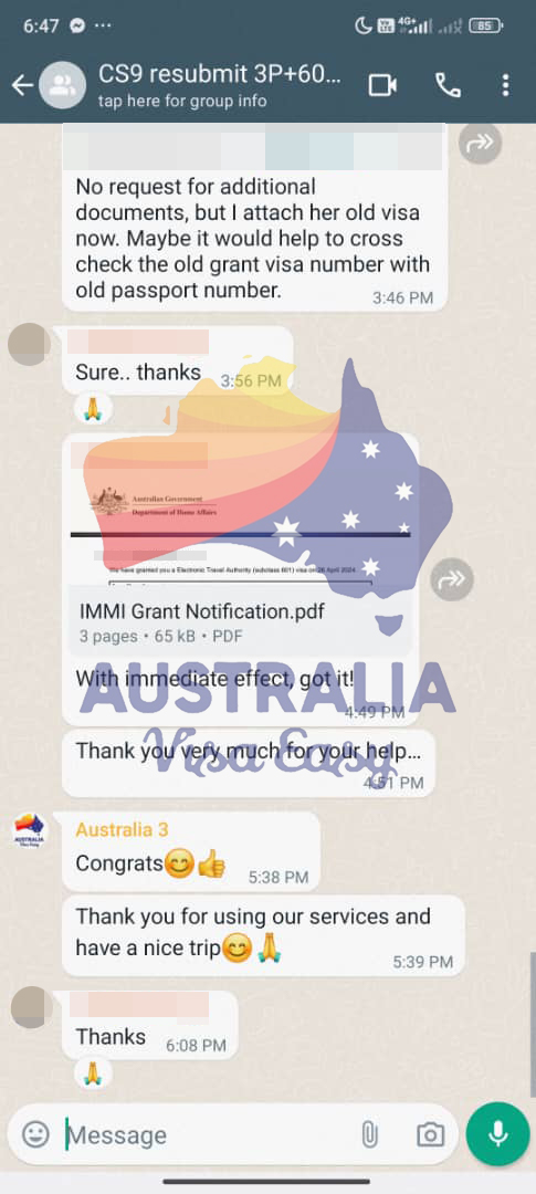 AUSVJ client testimonial screenshot — Australian Visa · 27 Apr 2024