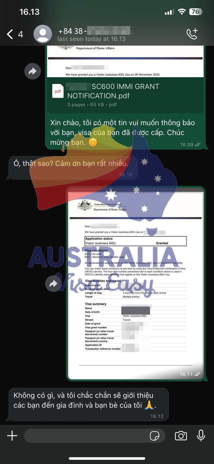 AUSVJ client testimonial screenshot — Visa — Vietnam Client · 08 Aug 2024