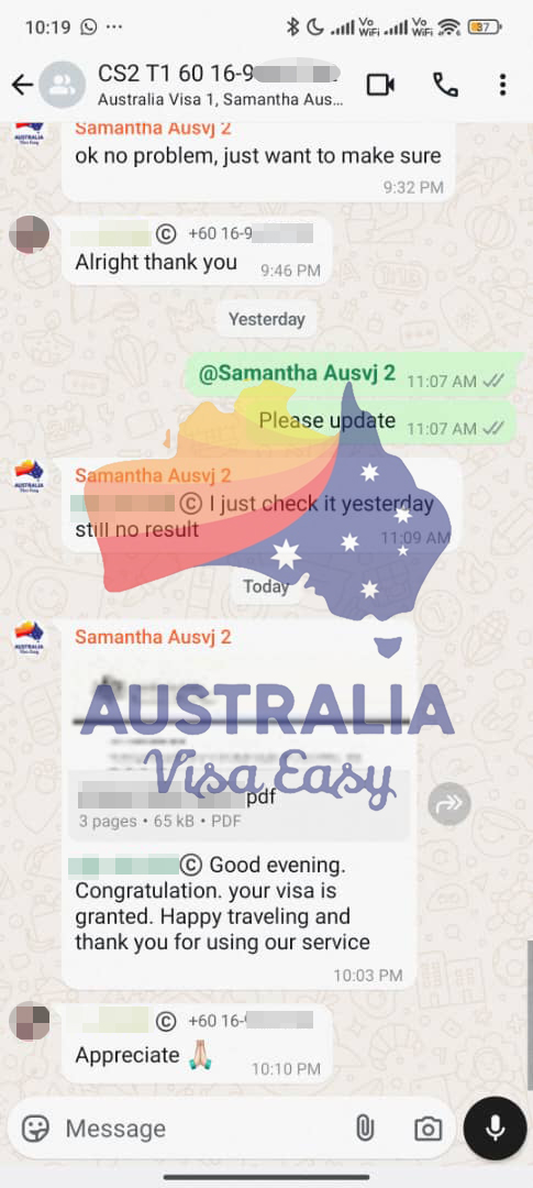 AUSVJ client testimonial screenshot — Australian Visa · 15 Mar 2025