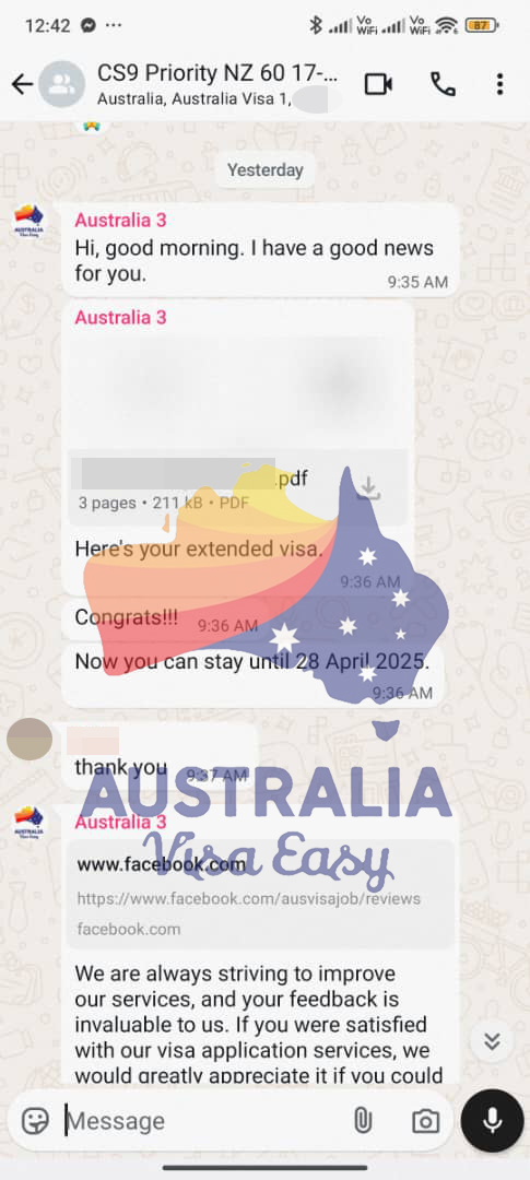 AUSVJ client testimonial screenshot — New Zealand Visa · 29 Mar 2025