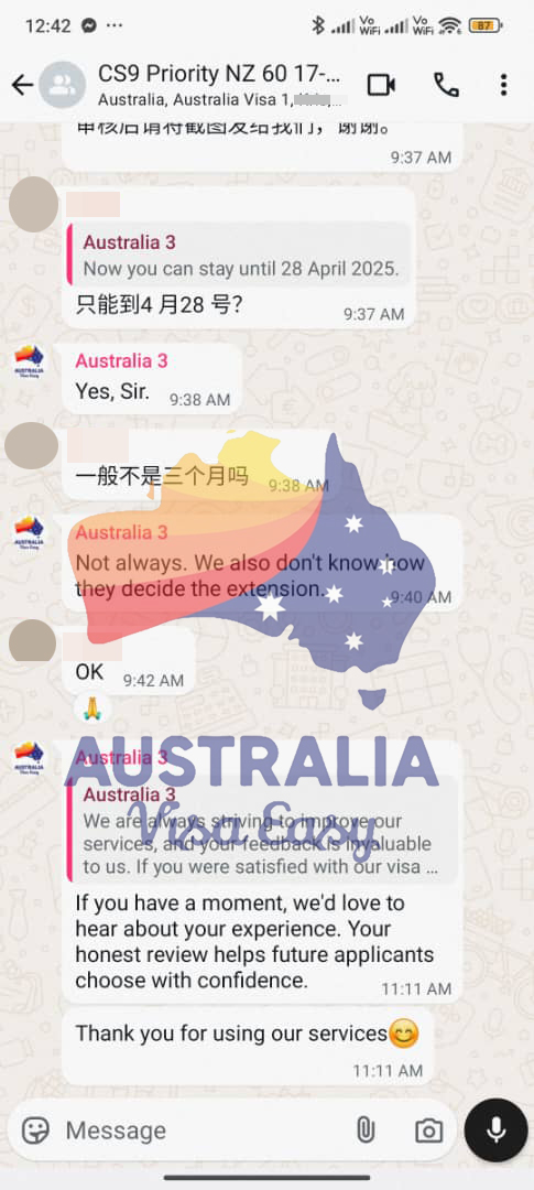 AUSVJ client testimonial screenshot — New Zealand Visa · 29 Mar 2025