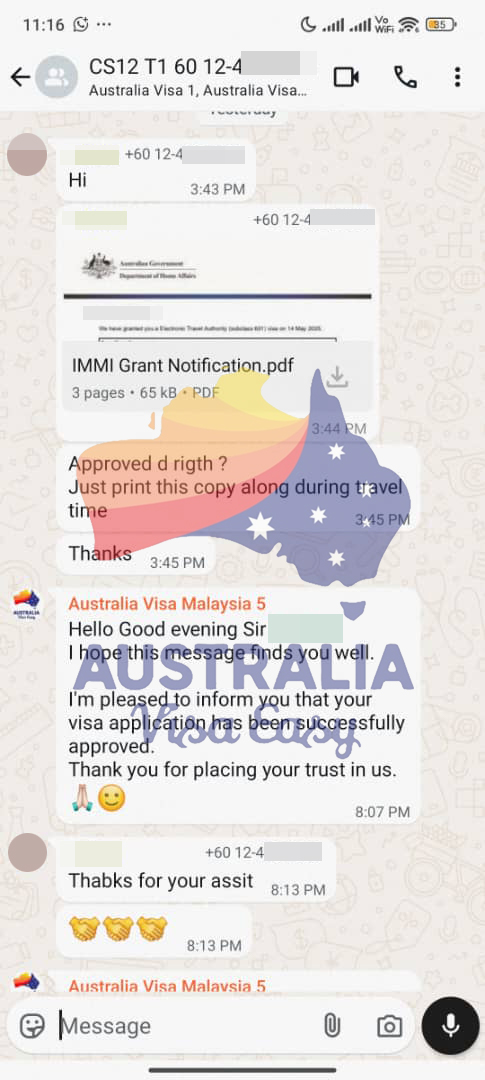 AUSVJ client testimonial screenshot — Australian Visa · 15 May 2025