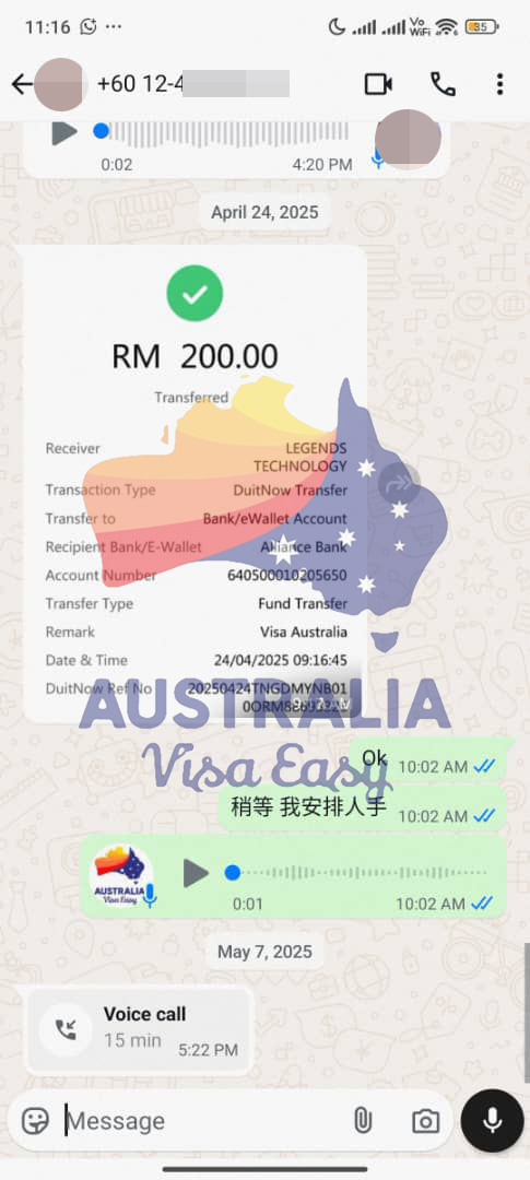 AUSVJ client testimonial screenshot — Australian Visa · 15 May 2025