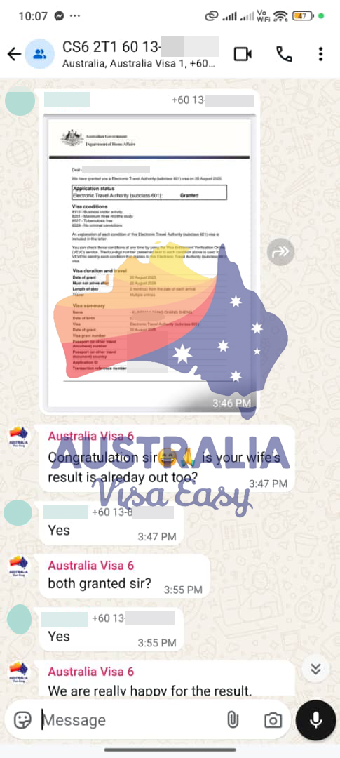 AUSVJ client testimonial screenshot — Australian Visa · 21 Aug 2025