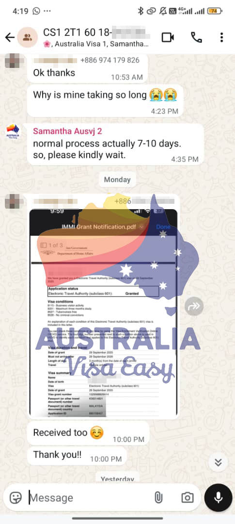 AUSVJ client testimonial screenshot — Australian Visa · 01 Oct 2025