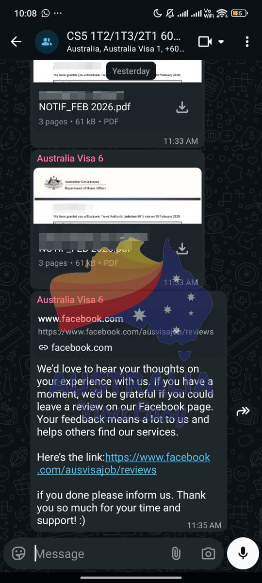 AUSVJ client testimonial screenshot — Australian Visa · 19 Feb 2026