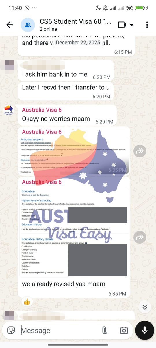 AUSVJ client testimonial screenshot — Student Visa · 24 Feb 2026