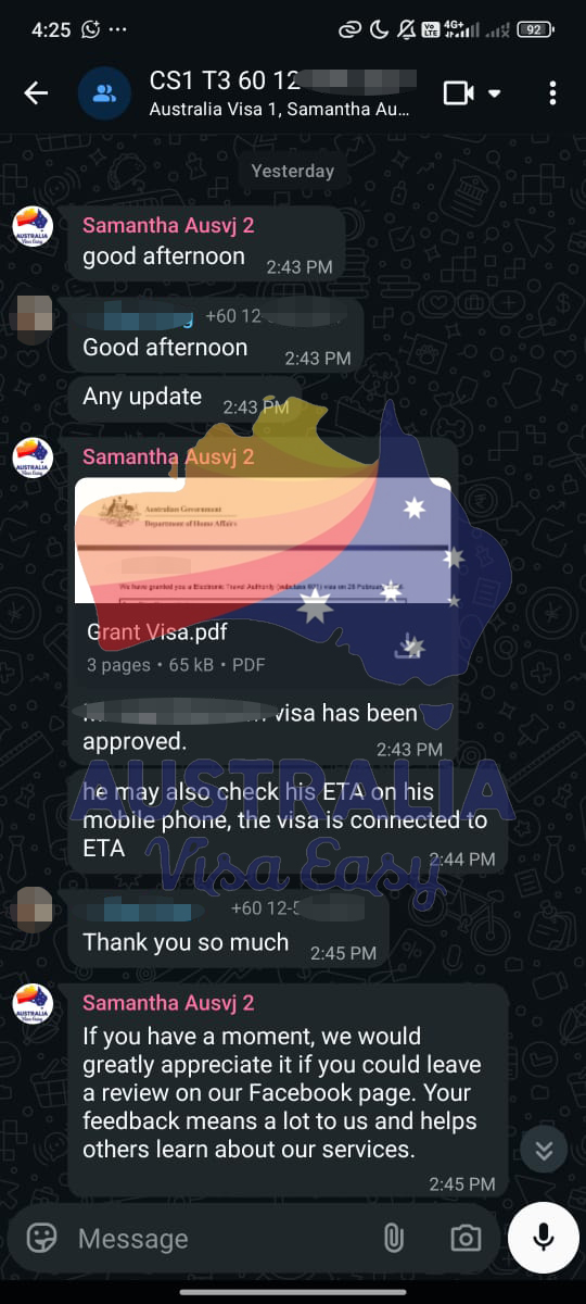 AUSVJ client testimonial screenshot — Australian Visa · 27 Feb 2026