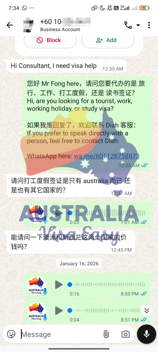 AUSVJ client testimonial screenshot — Working Holiday Visa · 08 Mar 2026