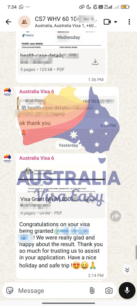AUSVJ client testimonial screenshot — Working Holiday Visa · 08 Mar 2026