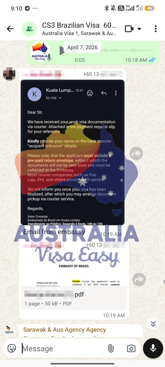 AUSVJ client testimonial screenshot — Brazil Visa · 20 Apr 2026