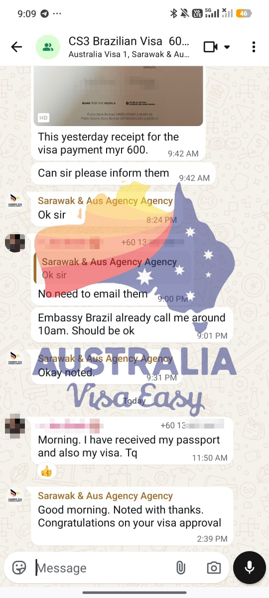 AUSVJ client testimonial screenshot — Brazil Visa · 20 Apr 2026