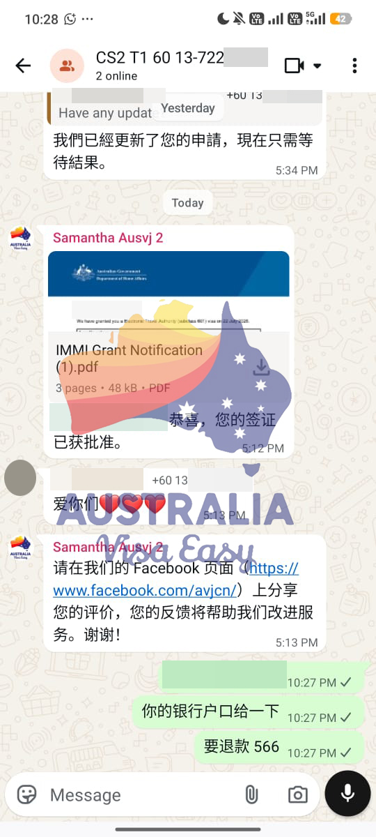 AUSVJ client testimonial screenshot — Australian Visa · 22 Jul 2026